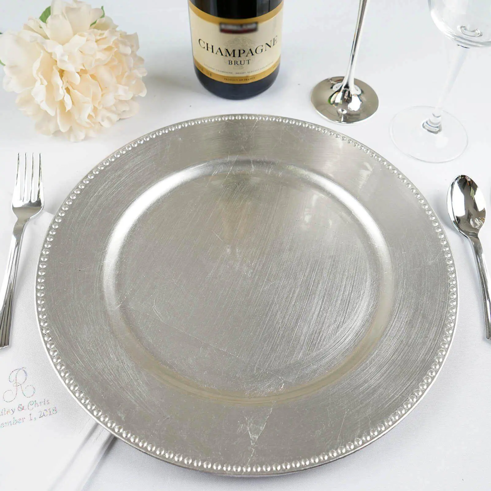 6-Pack Acrylic Round Charger Plates 13" in Silver with Beaded Rim, Dinner Charger Event Tabletop Decor