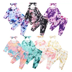 Ma&Baby Autumn Baby Boys Girls Tie-Dye Print Round Neck Long Sleeve Baby Romper+ Trousers+ Headband