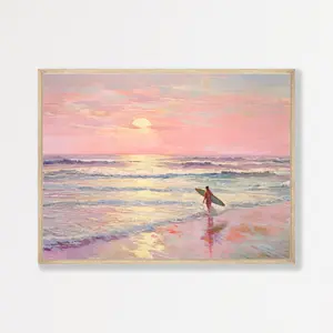 Pink Surfing Painting | Pastel Girly Apartment Decor | Muted Pastel Seascape Wall Print