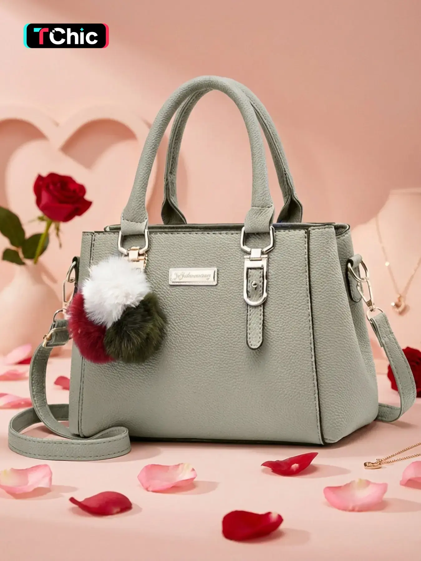 Women's Top Handle Purse with Pompom, Elegant Bags, Stylish Versatile Bag, Vegan Leather Shoulder Crossbody Fashion Bag, Medium-Size Tote Handbag