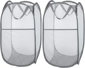 2 Pcs Popup Mesh Laundry Baskets, Collapsible and Portable Clothes Washing Laundry Hampers with Reinforced Carry Handles, Gray Clothes Hamper for Home, Travel, College Dorm