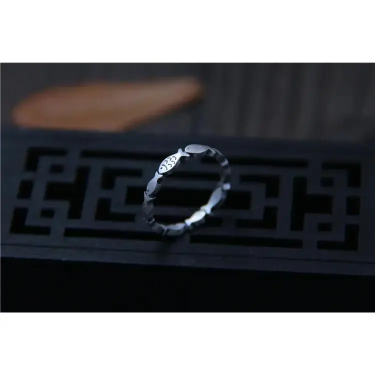 Handmade Engraved Fish Ring in 999 Fine Silver for Women, 3.5mm Minimalist Stacking Band, Fine Jewelry Gift, Female, Finger Rings, Round Silver Rings