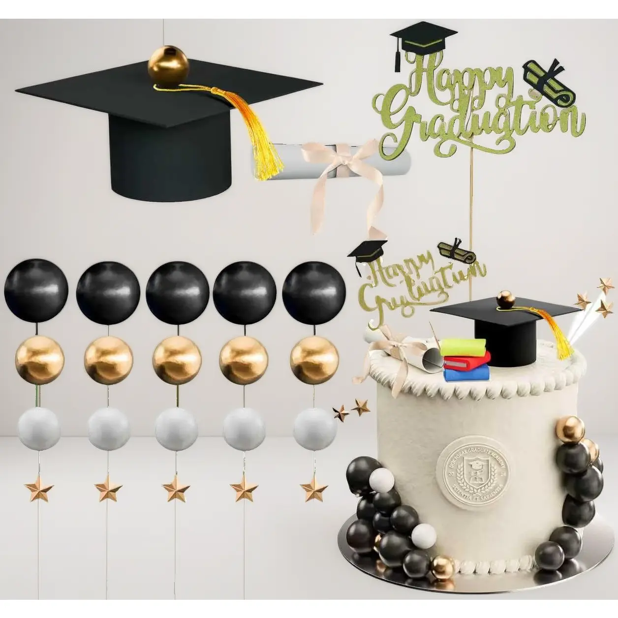 Dog & Cat 2026 Graduation Cake Toppers Kit - 26Pcs Senior-Themed Pet Party Ornaments with Caps, Diploma, Mini Textbooks, Black White Gold Supplies