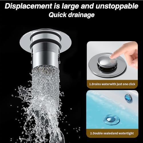 Bathroom Sink Stopper Hair Catcher,Pop-Up Bathroom Sink Drain Strainer with Removable Stainless Steel Filter Basket, Universal Sink Stopper for Bathroom & Kitchen,Modern Anti-Odor,Brass Core,Easy Installation,Drainage Function