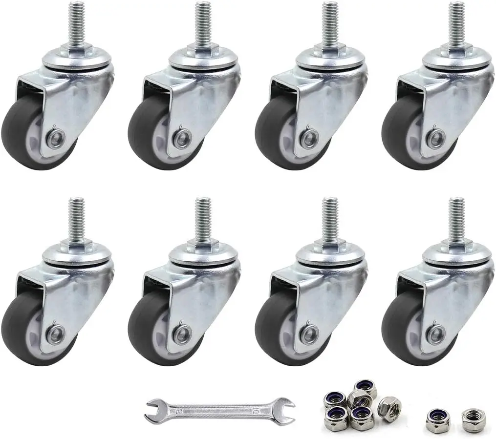 8 count 1" Caster Wheels Swivel Stem Casters for Small  Shopping Cart Trolley Wheel, No Noise TPE M6 x 15mm Threaded Stem Caster, 141lb/64kg Load Capacity