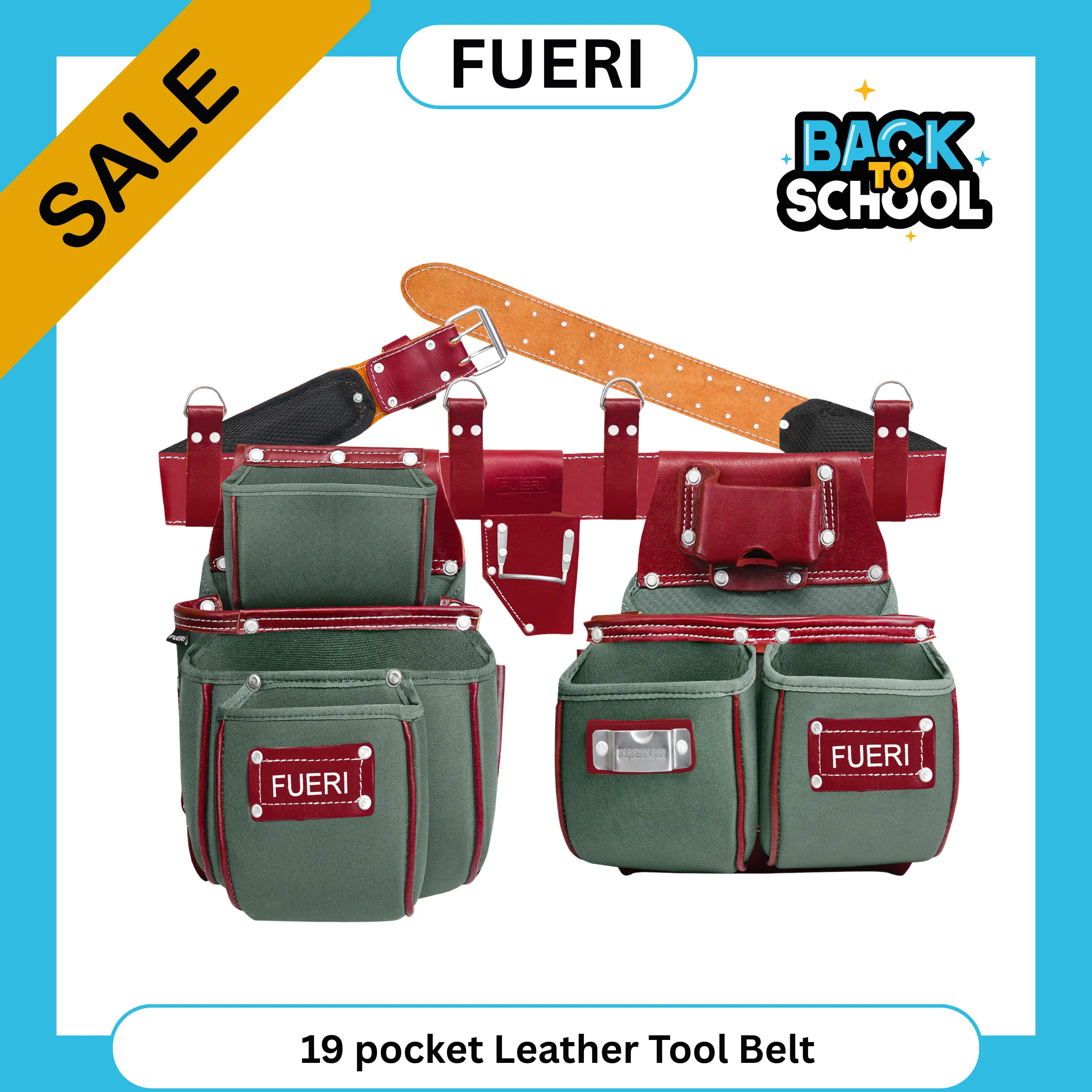 FUERI Leather/Nylon Tool Bag Organizer - 19 Tool Pockets, Adjustable Foam Padded Belt, Heavy Duty Pouches, 4 D-Loops, Hammer Holder for Carpenters & Electricians, Organizer Tool Bags campingessentials