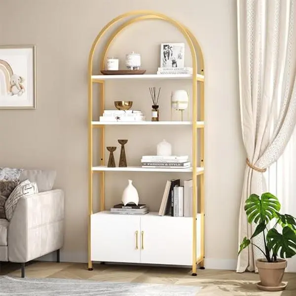 【GARVEE】Arched Bookshelf, 71.5 Inches Tall Industrial and Modern 4-Tier Bookcase with Doors, Sturdy Metal Frame, Quality Boards, Freestanding Display Shelving in Gold, Black, and White