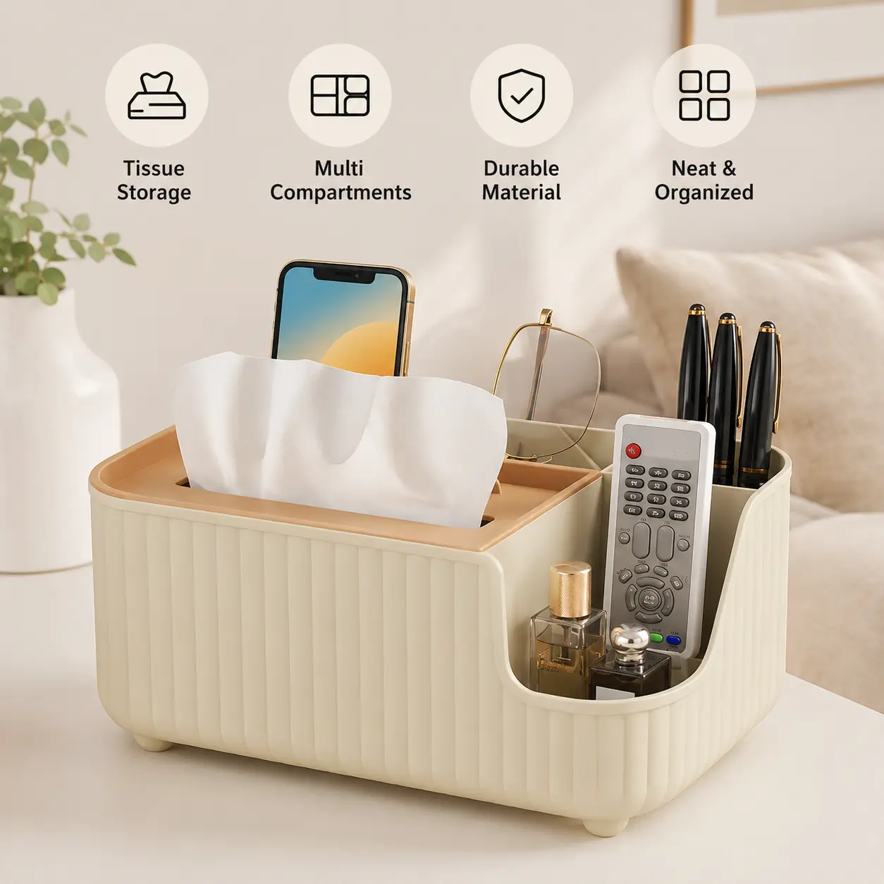 1 Count Multifunctional Tissue Box, PP Material Multi-compartment Storage Organizer with Phone Slot for Desktop Bathroom Living Room Organization