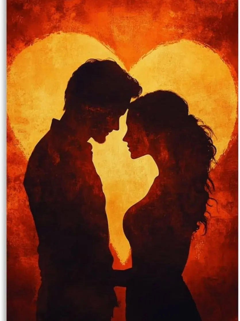 Romantic Silhouette Wall Art Lovers Embracing in A Fiery Heart Glow Valentine's Day Decor Art Posters for Room Aesthetic And Wall Art Picture Living Room Decor