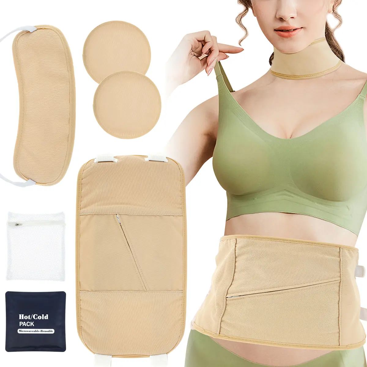 Women's 5-Count Reusable Castor Oil Cloth Pack Set - Waist, Neck Pads with Matching Straps, Zipper Pocket, Adjustable, Soft, Elastic, Enhanced Fit, Mess-Free Essential Home Supply Wrap Bag, Castor Oil Pack