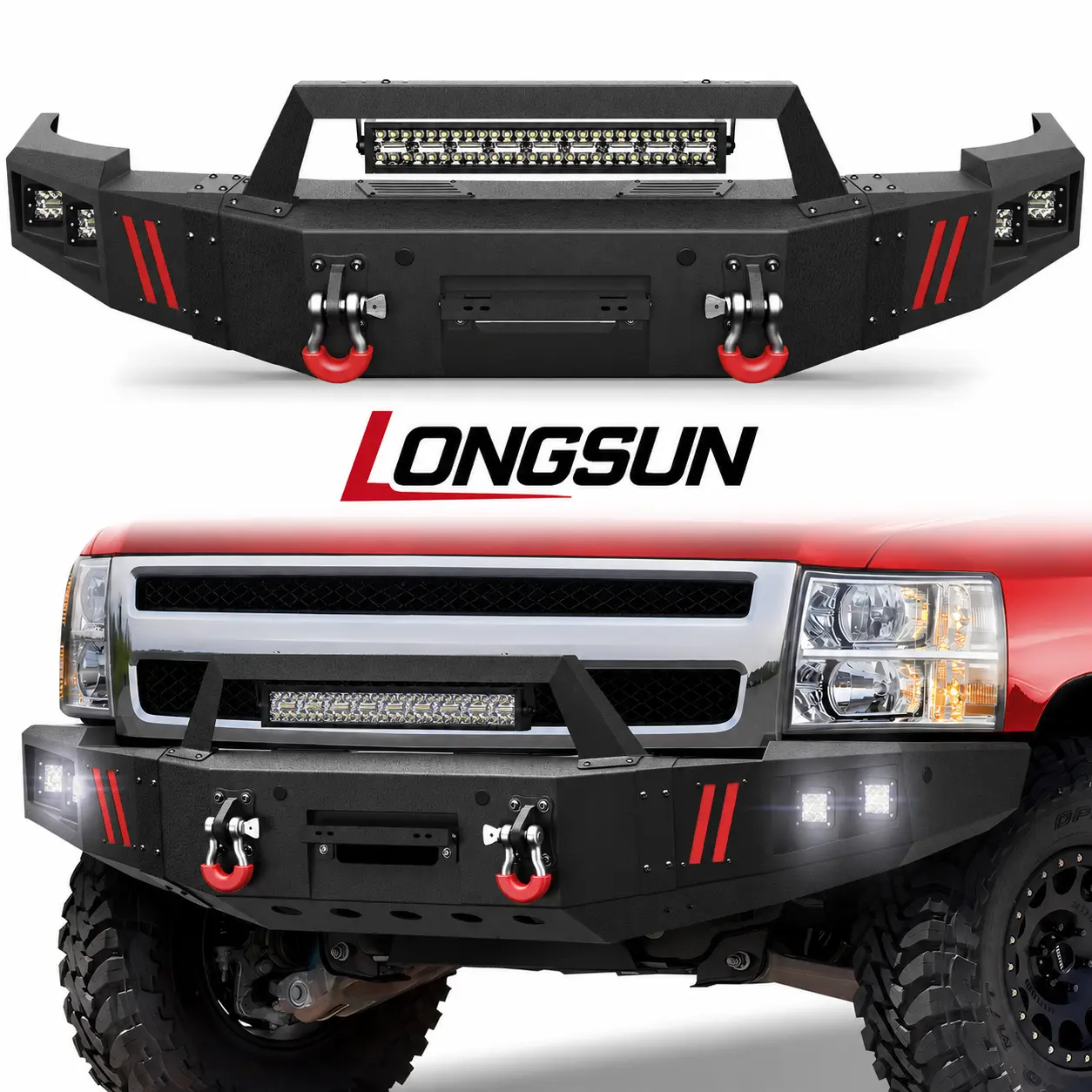 Longsun Full Width Front Bumper for 2007-2013 Chevy Silverado 1500 Chevy Pickup, Carbon Steel w/Winch Plate, 144W Light Bar, 4x18W Fog Lights, D-Ring Mounts & License Plate Bracket, Equipped with Winch