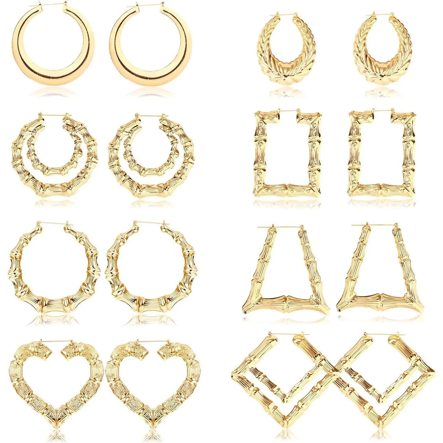Women's 8-Pair Bamboo Hoop Earrings Set - Large Chunky Silver Hoops, Trendy Hip-Hop Style Jewelry in Various Shapes for Parties & Daily Stacking, Trendy Jewelry, Female, Custom Jewelry