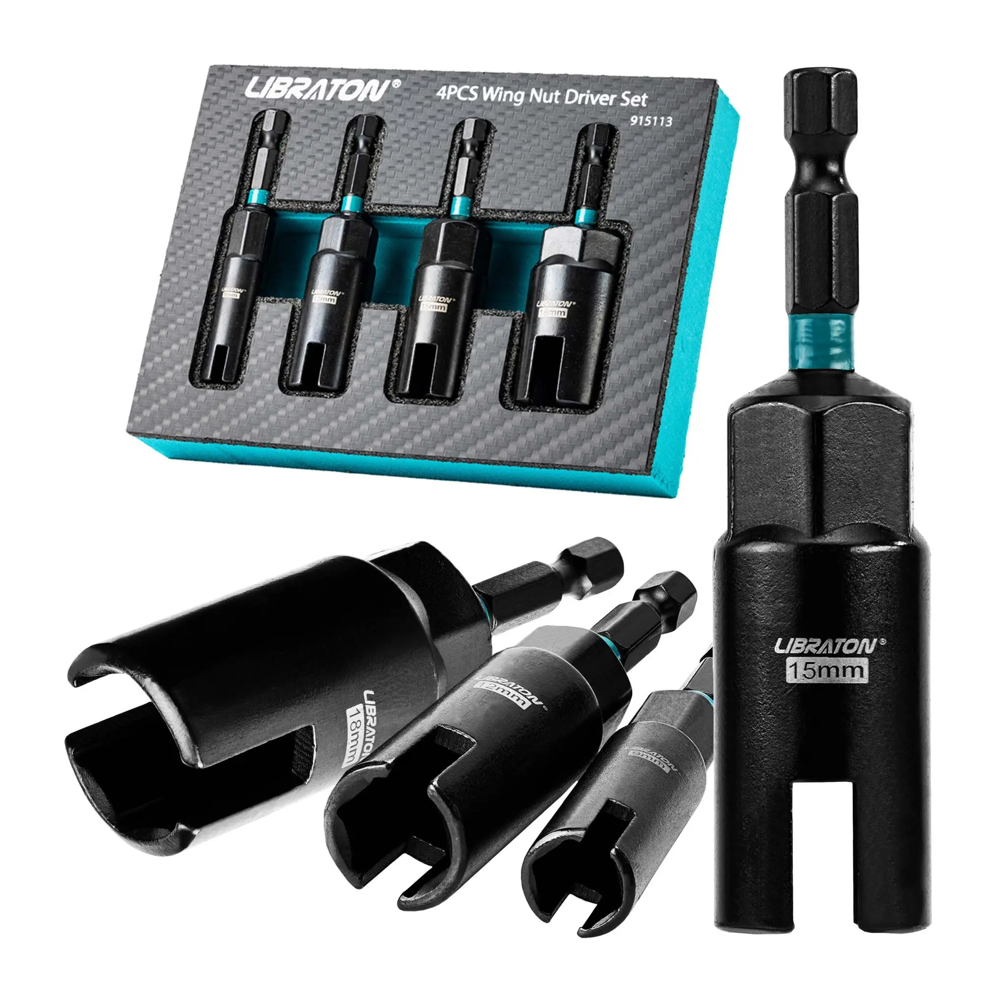 Libraton Wing Nut Driver 4PCS, Wing Nut Driver Bit, 1/4” Hex Shank Wing Nut Driver Set 9mm 12mm 15mm 18mm, Nut Driver Set with EVA storage for Hook Bolt Installation, Wire Twisting outdoorfun Power Drill