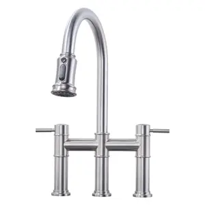 WOWOW Bridge Faucet Brushed Nickel Farmhouse 3 Hole Kitchen Faucet with Pull Down Sprayer, 2 Handle High Arc Brass Faucet with 360° Swivel