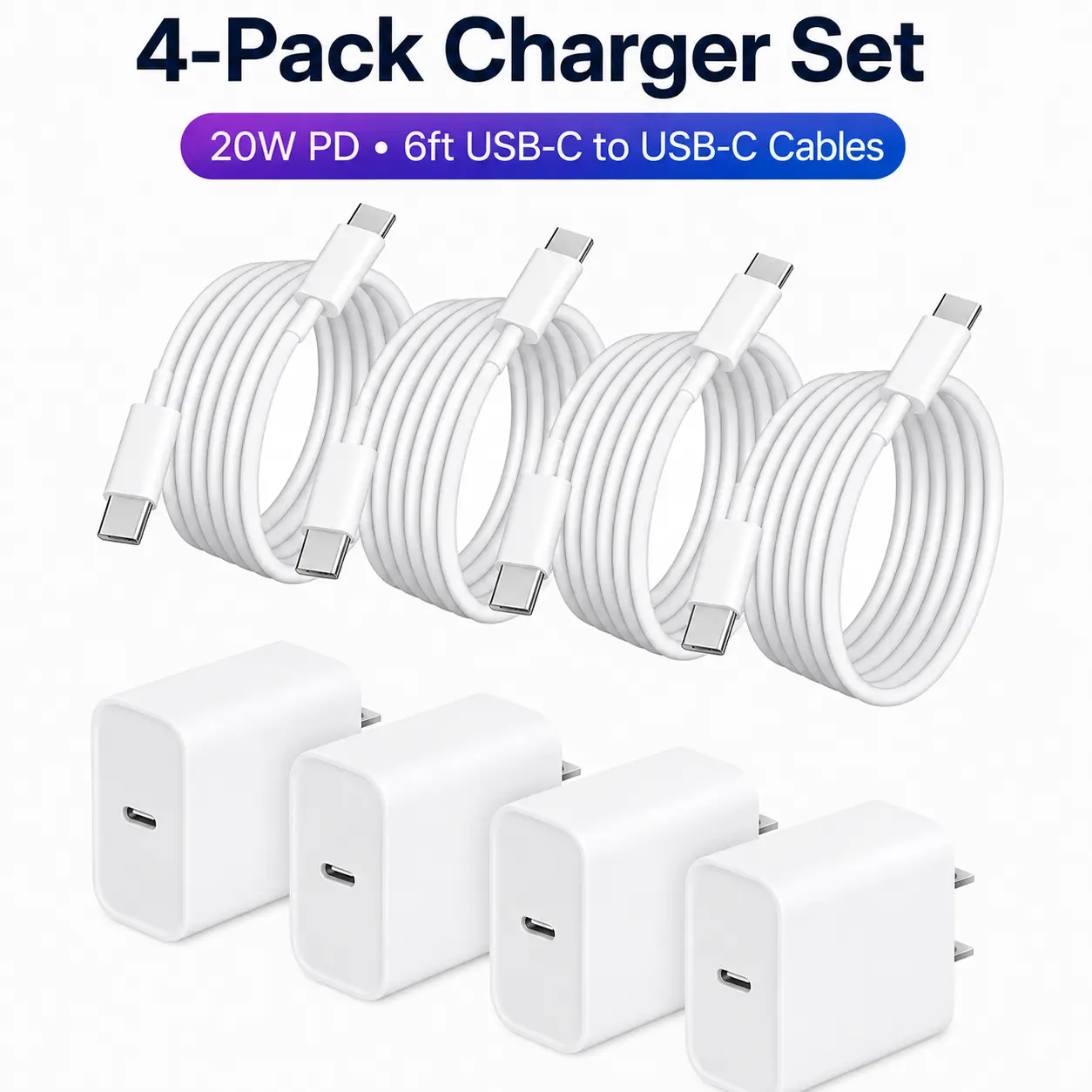 6FT USB-C Fast Charging Kit – Includes 4 Type-C Wall Charger + 4-Pack 6FT USB-C Cables, Compatible with iPhone 17/16/15 Series (All Models), Samsung Galaxy, and More – White