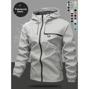 Men's Plain Waterproof Fabric Windproof Drawstring Zip-Up Hooded Jacket Coats, Casual Long Sleeve Zipper Pocket Design Outerwear for Outdoor Activities, Men's Clothes for All Seasons, Menswear