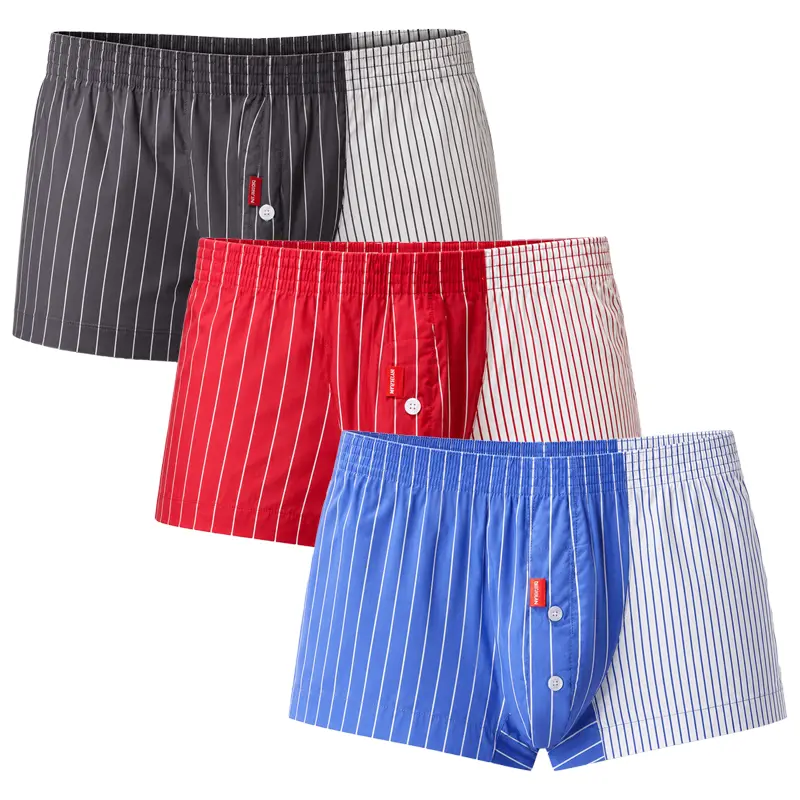 SEOBEAN Men's 100% Cotton Striped Boxer Shorts,3/1Packs Loose Fit Woven Boxers with Button Fly and Elastic Waistband for Sleep, Lounge and Daily Wear-250508