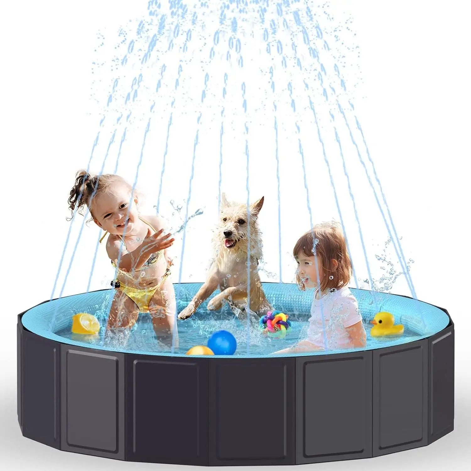 Foldable Pet Wading Pool with Splash Sprinkler, Outdoor Summer Bathtub for Puppy, Doggie, Pets, Blue -63 x 12 Inches  Play Fun Inflatable