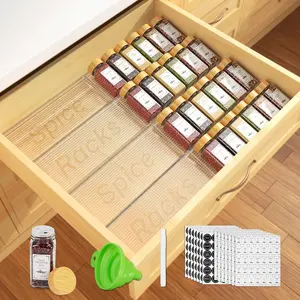 24 Spice Jars with Spice Drawer Organizer, 355 Spice Labels, 4 Packs Expandable from 11inch to 21inch Drawers Acrylic Spice Rack for Kitchen Countertop Seasoning Container Storage Organization