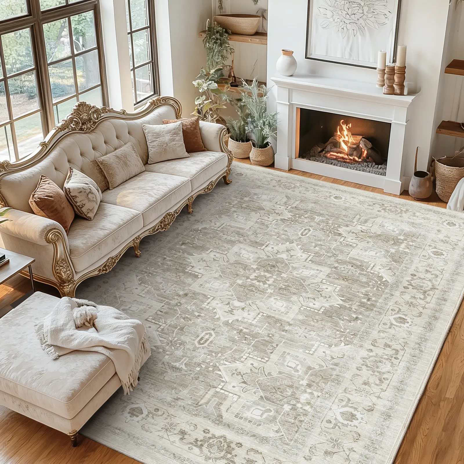 Vintage Persian Area Rug – Soft, Waterproof & Non-Slip Washable Flat Weave Floor Rug with Bohemian Medallion Design for Living Room, Dining Room & Entryway