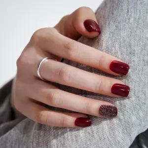 Press On Nails Short, Vneffabler Acrylic Nails Square Press ons Glue On Nails Reusable Stick On Nails False Nails for Women and Girls Nail Kit in 17 Sizes - 34 Fake Nails Kit, Dark Red Glitter