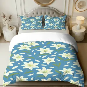 3PCS Duvet Cover Set, 1 Duvet+2 Pillowcases(Without filler), Blue White Lily Floral Nature Elegant Fresh theme, Spring bedding set, Floral Pattern Suitable for decoration Bedroom, Guest Room, Hotel, Cottage.