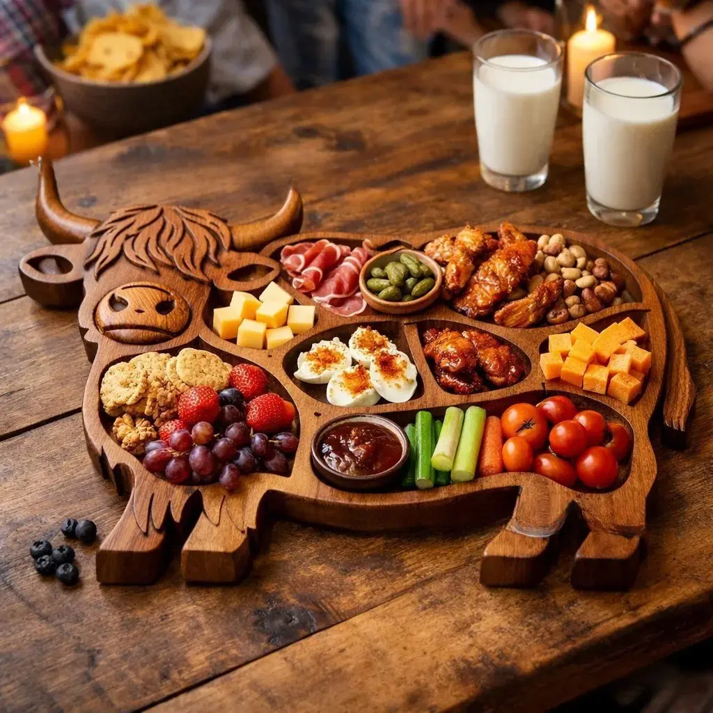 Highland Cow Charcuterie Board - Wooden Cheese Board Serving Tray, Rustic Farmhouse Meat Snack Platter with Compartments, Wall Mountable Highland Cow Decor, Solid Wood Cheese Platter for Entertaining, Housewarming Gift for Women Men, Serving Platters