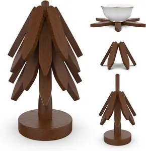 Foldable Wood Trivet Set for Hot Dishes,Tree Shape Coasters for Hot Pots And Pans, Natural Kitchen Decor With 4 Folding Pads and 1 Stand, Easy Storage