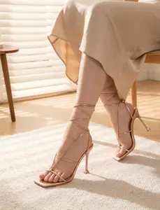 Women’s Square Open Toe Strappy Sandals, 4.2 Inch Stiletto High Heels, Lace Up Ankle Wrap Dress Heels for Wedding, Party & Evening Events