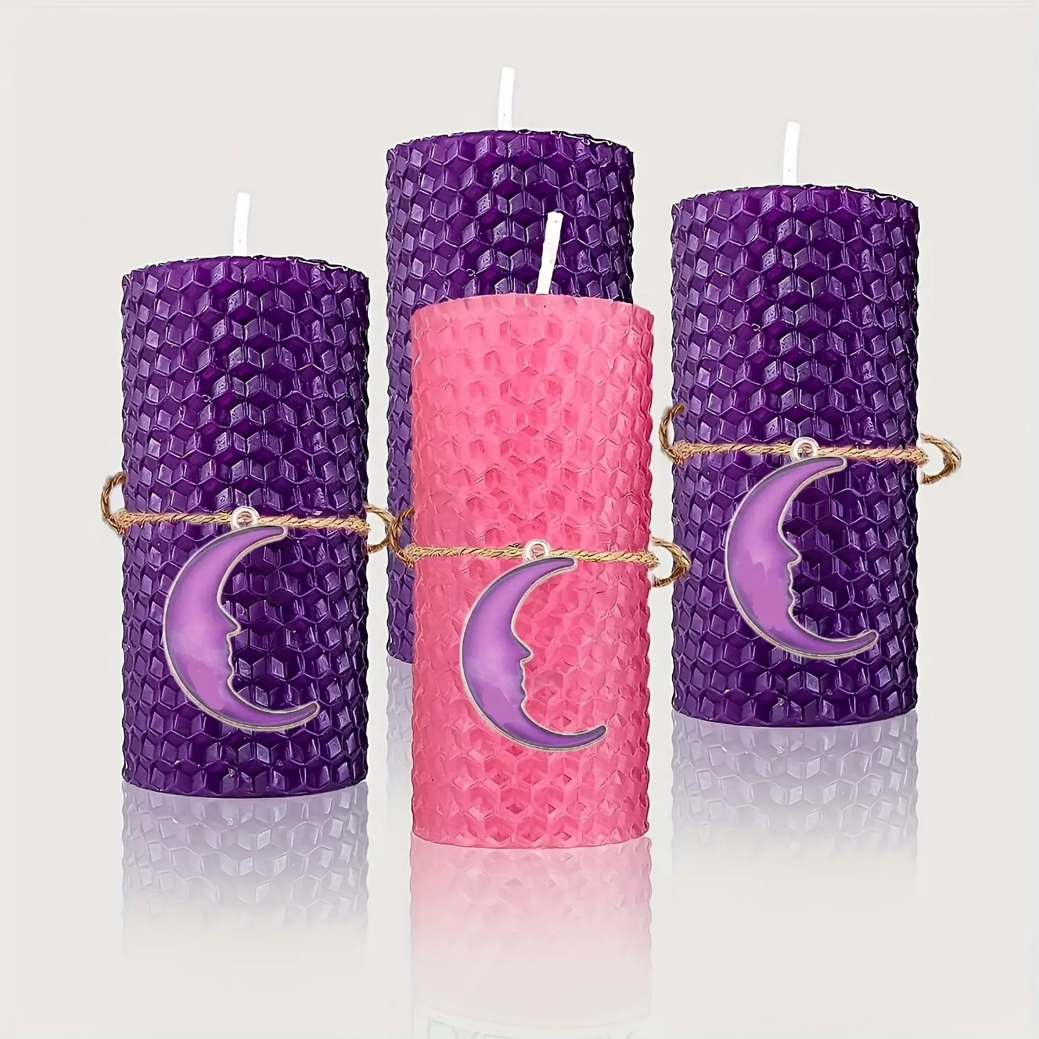 A set of four beeswax candles, one pink and three purple candles for Christmas, handmade beeswax candles, size 5x10 cm, holiday gift for home decoration, Decorative Candles