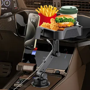 4 IN 1 Car Cup Holder Tray, Car Cup Holder Tray with Expandable Base, 10” Detachable Car Food Tray Table for Eating with 360° Rotatable Phone Holder, Compatible with Most Cellphones