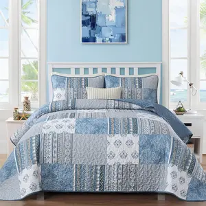 Boho Quilt Set Queen Size Patchwork Bedspread Coverlets, Blue/Gray Bohemian Plaid Soft Microfiber Summer Quilt Bedding Set, 96''x90''