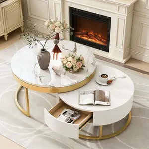 2 Piece Nesting Coffee Table Set White & Gold, MDF Round Tables with 2 Drawers, 200lb Capacity, Versatile for Home Living Room