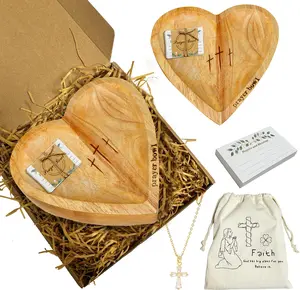 Prayer Bowl Wooden Heart Prayer Bowl with 24 Cards, Engraved Cross Prayers Dough Bowls Religious Gift for Women, Wood Heart Decor Bowls, Christian Congregation Gift, Log Color
