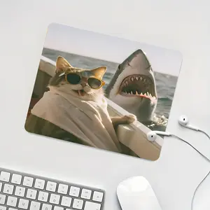 Adventurous Cat & Shark Themed Square mouse pad, Aesthetic Desktop Decorative Protective Pad, Desk Accessories, Rubber Anti-slip Lockedge Work Pad, Small Size Suitable for Laptop, Desktop Computer Games, Work, Family, Gaming Mouse Pads, Mousepad
