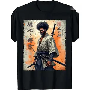 [Made in USA] 180g Vintage African Samurai Afro American Bushido Warrior Katana T-Shirt |     100% Made in USA