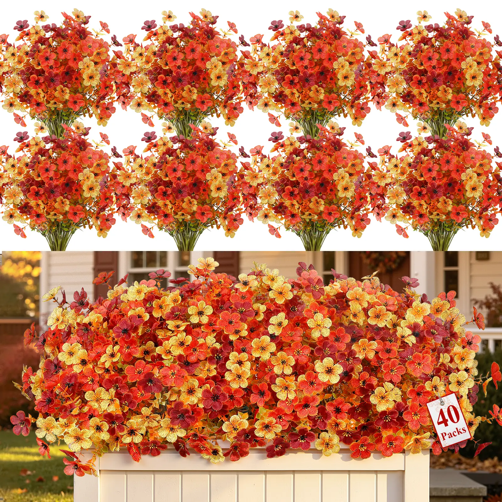 SHareconn 24/40 Bundles Decorative Faux Flowers Set - UV-Resistant Plastic Daisies, Eucalyptus Leaves, Flexible Stems for Shaping, Photorealism, Daily Geometric Home Outdoor Decor (Garage, Birthday Porch Use)
