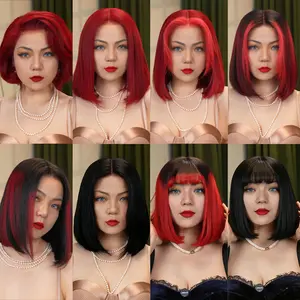 FF WIG Black/ Red Silky Straight Raw Human Hair Glueless Wig 10 Inches 9*6 7*5 Pre-Cut Invisible Lace 250% Density Wear Go Wig with Special Drawstring #FFWIG