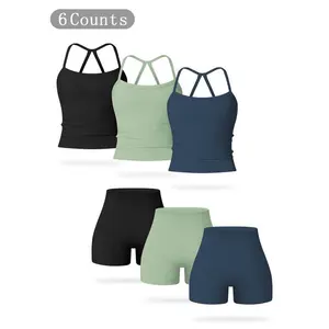 Women’s solid backless sports cami top and high-waisted shorts sportswear set — casual, comfortable, breathable, tummy control two-piece for yoga, gym workouts, and running; ladies’ activewear for all seasons; women’s workout clothes
