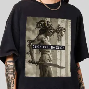 【Edgy Dark Aesthetic】Medusa "Girls Will Be Girls" Vintage Statue Graphic Oversized Black T-Shirt - Greek Mythology Grunge Distressed Print Baggy Tee, Alt Gothic Streetwear for Men & Women, Y2K Retro Casual Summer Outfit
