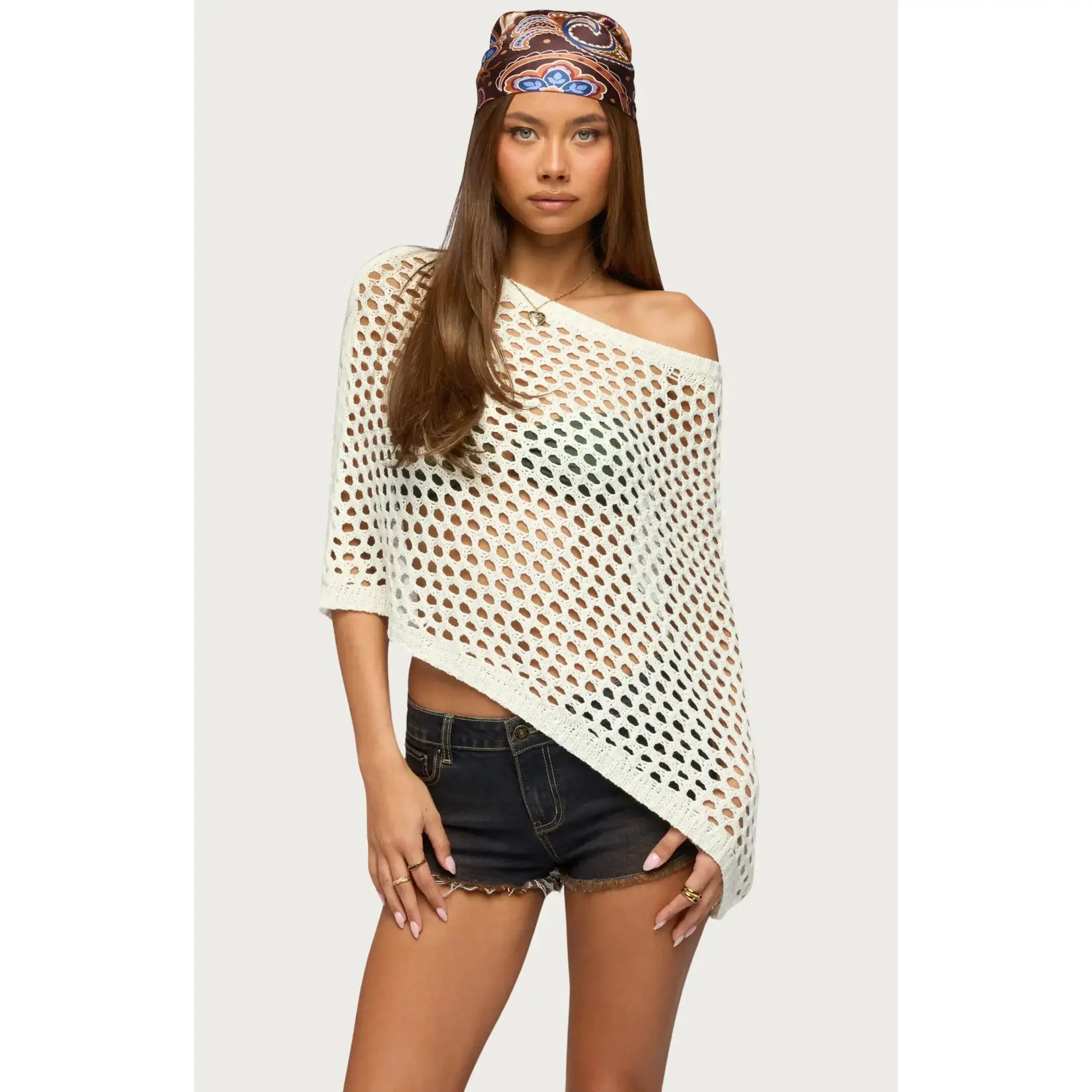 Edikted Women's Cloe Off Shoulder Crochet Poncho