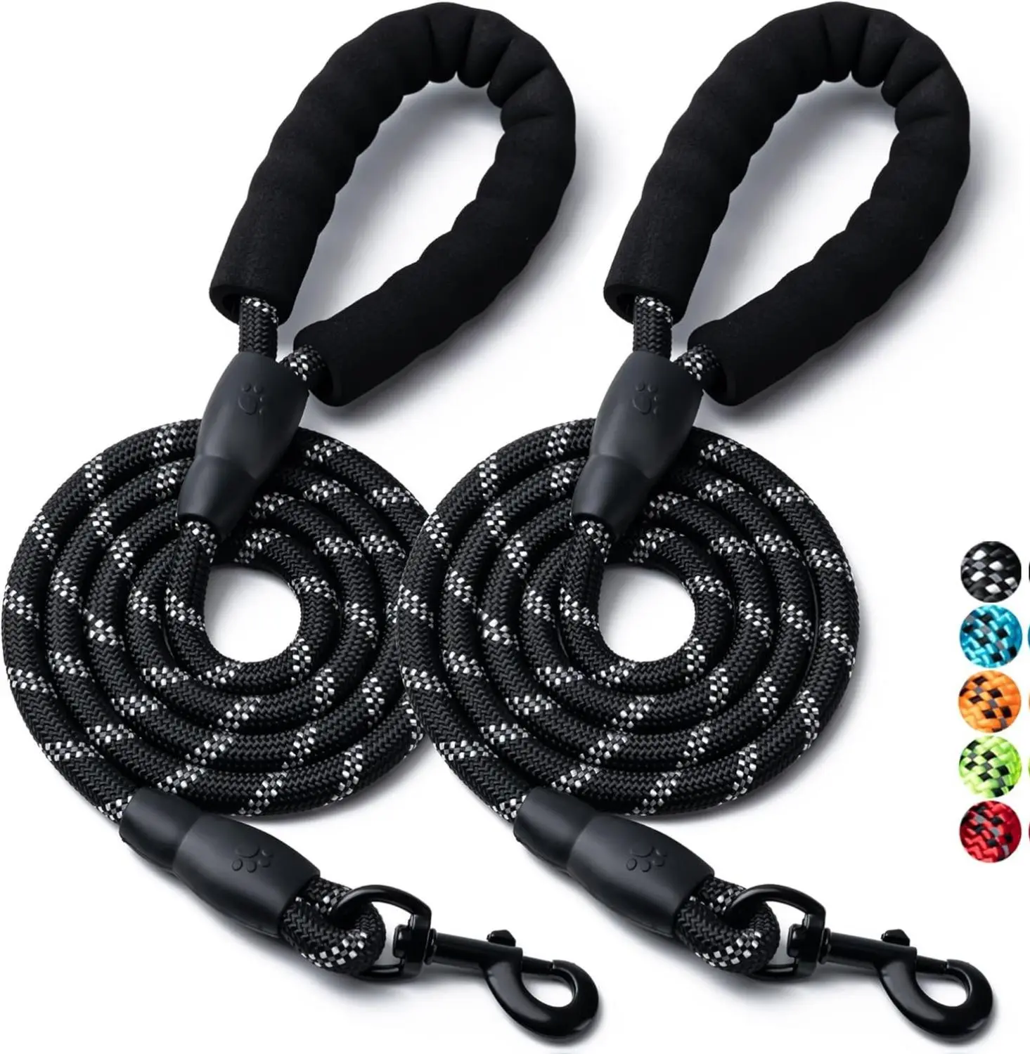2-Pack Heavy Duty Nylon Dog Walking Leash, 4/5/6 FT Reflective Padded Handle No Tangle Leash for Small-Large Dogs, Black Solid Durable Woven Rope with 360° Swivel Hook