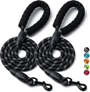 2 Pack Heavy Duty Nylon Dog Leashes 4/5/6 FT Reflective Padded Handle for Small Medium Large Dogs Black Solid Design Durable Woven Rope 360° Swivel Hook