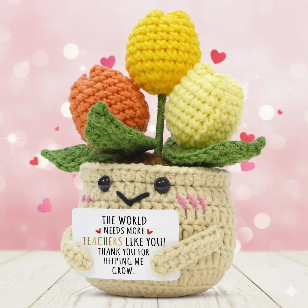 TEACHER APPRECIATION GIFTS - Mini Handmade Positive Tulip Flowers Crochet with Message Card - Valentine Teachers Day Graduation End of The Year Birthday Christmas Thank You Combo Gifts for Teachers Women