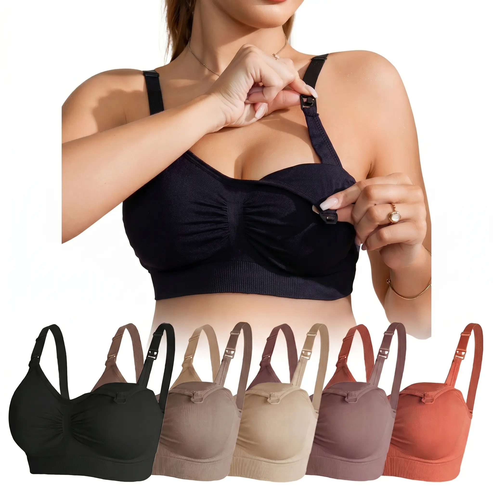5-Pack Women's Plain Nursing Bras, Full Coverage Seamless Wireless Maternity Clothing Basics with Adjustable Straps & Removable Pads