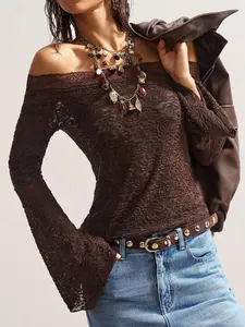 Bohemela Boho Vintage Casual Solid Color Knit Lace Off Shoulder Flare Sleeve Fitted Women Top,Fall Tops