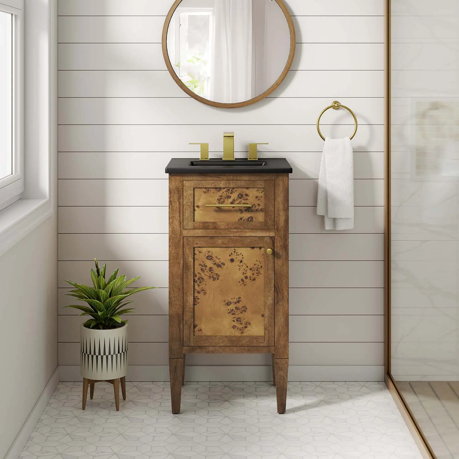 Modway Elysian 18-in Wood Bathroom Vanity - Black Brown, Home Indoor Organic Bathroom Fixture with Shelving, Cayman 18-in Ceramic Sink, Assembly Required