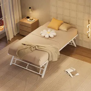 Twin Size Metal Trundle Bed Frame with Lockable Casters, Sturdy Steel Slats Support, Easy Pop-Up & Roll-Out, Noise-Free Design, Ideal for Guests, Small Spaces, Day Bed or Pull-Out Use, Accommodates Two People, Folding Legs, Wood Grain Headboard
