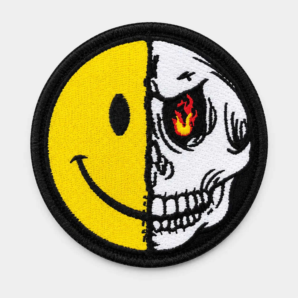 Edgy Style Round Tactical Embroidered Patch - 1 Count Reusable Dual Imagery Half Smiley Half Skull, Durable Hook & Loop Easy Attachment Bold Statement Morale Badge, Versatile for Personalizing Backpacks/Hats