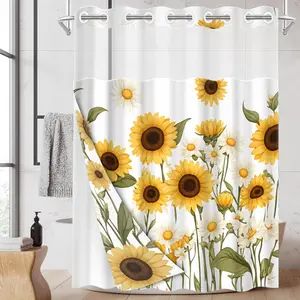 1pc hookless shower curtain with buckle lining, spring yellow and white sunflower design, 2D flat printing, fabric waterproof lining, see-through double-layer shower curtain, 71 x 74 inches, Bathroom Curtain, modern home draping curtain